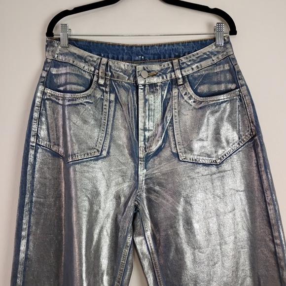 SHEIN Women's Jeans Size 30 Metallic Silver High Waisted Wide Leg Patch Pockets - Picture 5 of 9